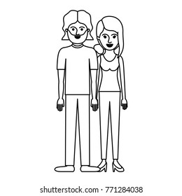 couple monochrome silhouette and both with t-shirt and pants and shoes and him with mid length hair and beard and her with collected hair and fringe