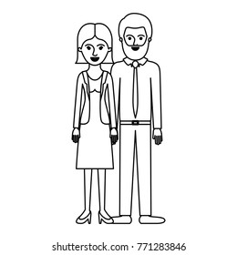 couple monochrome silhouette and her with blouse and jacket and skirt and heel shoes with short straight hairstyle and him with shirt and tie and pants and shoes with short hair and bearded