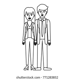 couple monochrome silhouette and her with blouse and jacket and pants and heel shoes with straight long hair and him with suit and tie and pants and shoes with short hair