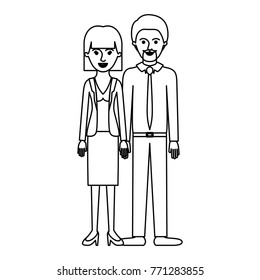 couple monochrome silhouette and her with blouse and jacket and skirt and heel shoes with mushroom hairstyle and him with shirt and tie and pants and shoes with short hair and goatee beard