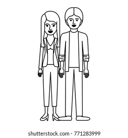 couple monochrome silhouette and her with blouse and jacket and pants and heel shoes with layered hair and him with shirt and jacket and pants and shoes with middle part hairstyle