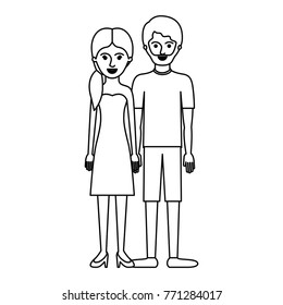 couple monochrome silhouette and her with strapless dress and heel shoes with pigtail hairstyle and him with t-shirt and short pants and shoes with short hair and beard
