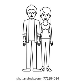 couple monochrome silhouette and him with shirt and jacket and pants and shoes with short hair and her with t-shirt sleeveless and pants and heel shoes with long straight hair