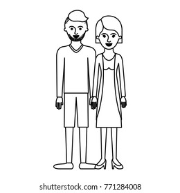 couple monochrome silhouette and him with t-shirt long sleeve and short pants and shoes with high fade haircut and stubble beard and her with blouse and jacket and skirt and heel shoes with short hair