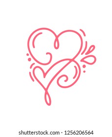 Couple monoline Red Vector Valentines Day Hand Drawn Calligraphic two Hearts. Holiday Design element valentine. Icon love decor for web, wedding and print. Isolated Calligraphy lettering illustration.