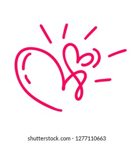 Couple monoline Red Vector Valentines Day Hand Drawn Calligraphic two Hearts. Calligraphy lettering illustration. Holiday Design element valentine. Icon love decor for web, wedding and print. Isolated