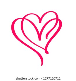 Couple monoline Red Vector Valentines Day Hand Drawn Calligraphic two Hearts. Calligraphy lettering illustration. Holiday Design element valentine. Icon love decor for web, wedding and print. Isolated