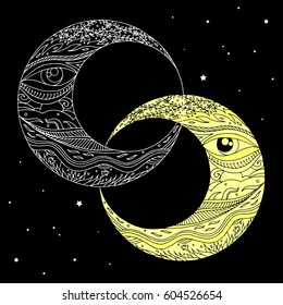 couple moon hand drawing vector zentangle illustration design