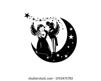 couple Moon and stars Icon Vector illustration. Cute Fairy With Wings And stars symbol. cartoon Magical wedding couple kiss night, mystic, emblem isolated on white background, graphic, silhouette.