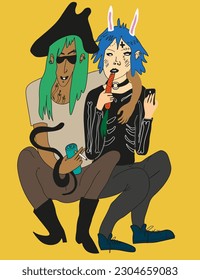 couple of morginale characters in vector.punk anarchist characters in primitive style.couple of guys with bright appearance.lovers,friends.bunny,snake,hat,piercing,tattoo,makeup,bdsm,lgbt,tattoo,beer