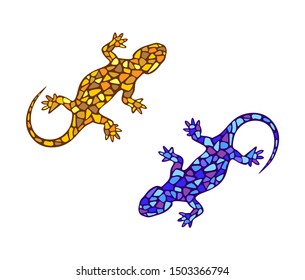 A couple of mosaic lizards in yellow and blue, hanging on a white wall