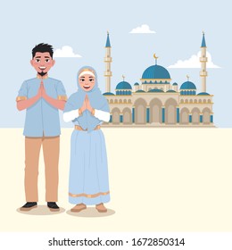 un musulmán de pareja parado frente a la gran mezquita 