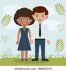 Couple of Mother and father icon. Family and relationship theme. Clouds and leaves background. Vector illustration