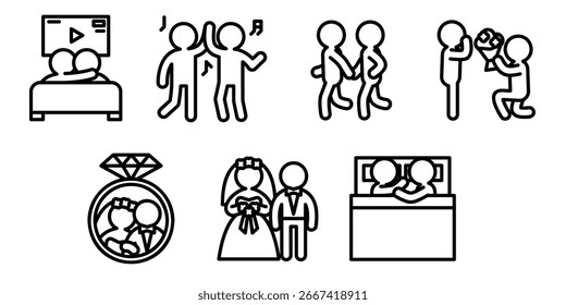 Couple motion icon set. Line outline style
