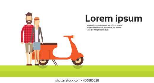 Couple Motorcycle Scooter Transport Banner Copy Space Flat Vector Illustration