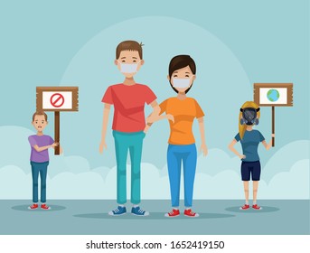 couple with mouth cap and people protesting vector illustration design