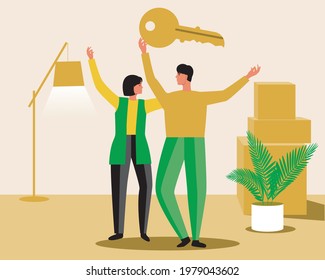 Couple move, buying an apartment. Vector stock illustration. Man and woman removal. Transportation of things. The key to the new apartment. The happiness of a couple. Vector graphics