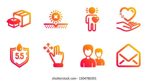 Couple, Move gesture and No sun line icons set. Ph neutral, Hold heart and Packing boxes signs. Friend, Mail symbols. Two male users, Swipe. Business set. Gradient couple icons set. Vector