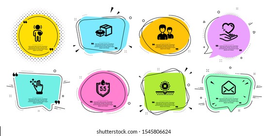 Couple, Move gesture and No sun line icons set. Chat bubbles with quotes. Ph neutral, Hold heart and Packing boxes signs. Friend, Mail symbols. Two male users, Swipe. Business set. Vector