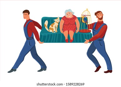 Un par de personas llevan un sofá con una feliz y gorda señora mayor, junto con un gato y una jaula con un loro. La mujer endureció sus piernas. Imagen aislada en fondo blanco. Vector, plano, caricatura.