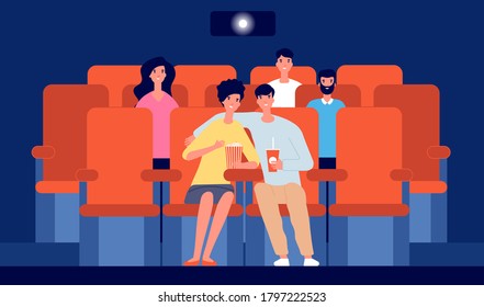 Couple in movie theater. Happy boy girl in cinema, cartoon people watching film. Young viewers, flat audience in hall vector illustration