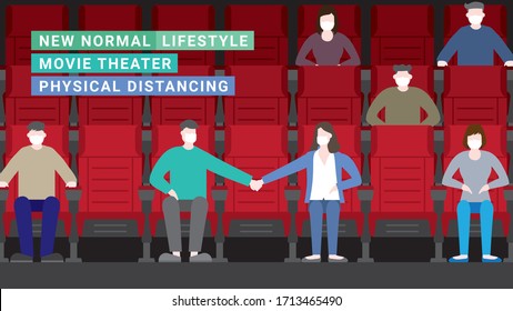 Couple in movie theater lifestyle after pandemic covid-19 corona virus. New normal is social distancing and wearing mask. Flat design style vector concept svg