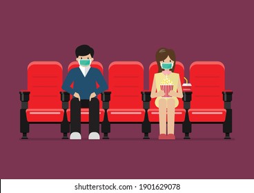 Couple in movie theater lifestyle after pandemic covid-19 corona virus. vector illustration 