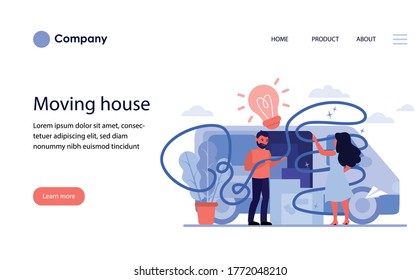 Couple moving house. People loading cardboard boxes to van, holding tangled rope flat vector illustration. Moving, communication problem concept for banner, website design or landing web page