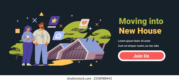 Couple moving into new house concept modern home background digital icons trees dark mode website banner