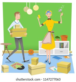 Couple moving, man carrying cardboard boxes, woman cleaning (vector illustration)