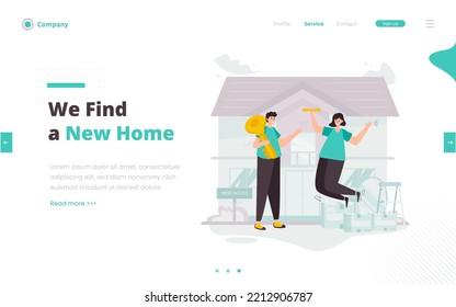 Couple moving to a new house illustration on web banner
