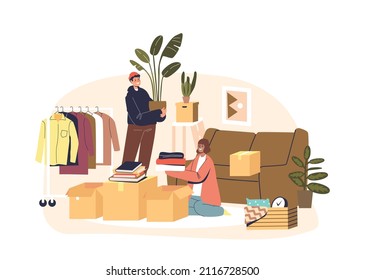 Couple moving to new house packing clothes and plants together in living room. Man and woman prepare for relocation and transportation to new apartment. Cartoon flat vector illustration