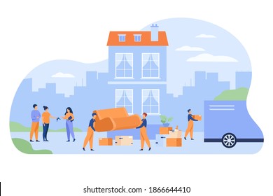 Couple moving out house and giving key to agent. Movers carrying furniture to truck. Vector illustration for relocation, new home, loaders, service concept