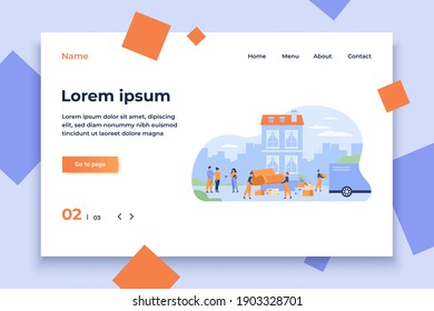 Couple moving out house and giving key to agent. Movers carrying furniture to truck. Vector illustration for relocation, new home, loaders, service concept
