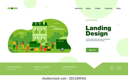 Couple moving out house and giving key to agent. Movers carrying furniture to truck. Vector illustration for relocation, new home, loaders, service concept