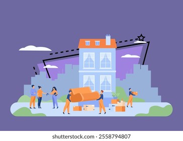 Couple moving out house and giving key to agent. Movers carrying furniture to truck. Vector illustration for relocation, new home, loaders, service concept