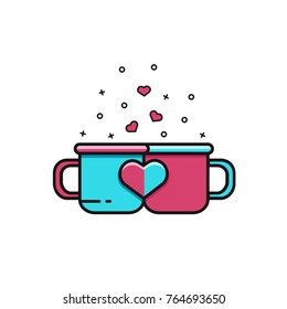 Couple mugs flat color line iconon isolated background. Pair of cups symbol in colorful outline design. Tea or coffee lovers image. Valentine's Day, love, romantic vector illustration. 