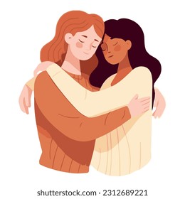 Couple of multicultural and young lesbian girls hugging each other isolated on white background. LGBT concept.