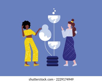 Couple of multiethnic people talking or speaking. Chatting couples. Meeting. Dialogues between characters. Flat vector illustration isolated.