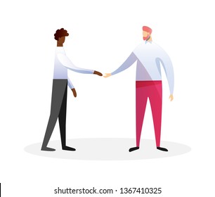Couple of Multiracial Young Men in Casual Clothing Shaking Hands Isolated on White Background. African and Caucasian Male Friends Meeting. Courtesy People. Cartoon Flat Vector Illustration. Clip Art.