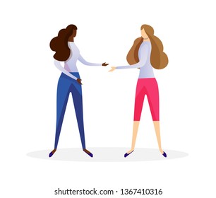 Couple of Multiracial Young Women in Casual Clothing Shaking Hands Isolated on White Background. African and Caucasian Female Friends Meet. Friendship. Cartoon Flat Vector Illustration. Clip Art.