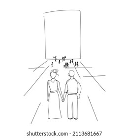 Couple in a Museum. Vector black and white drawing of tourists in a Gallery. Line art, simple linear sketch. An exhibition, a festival, Art Museum. A man and a woman holding hands. People, tourism