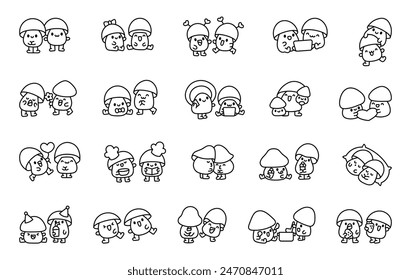 Couple mushroom friends. Coloring Page. Cute cartoon characters. Hand drawn style. Vector drawing. Collection of design elements.