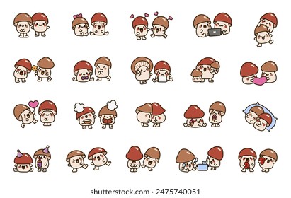 Couple mushroom friends. Cute cartoon characters. Hand drawn style. Vector drawing. Collection of design elements.