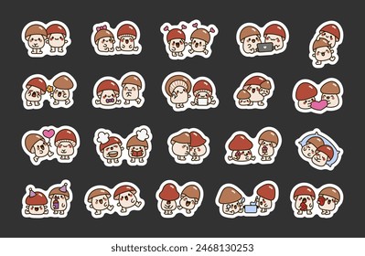 Couple mushroom friends. Sticker Bookmark. Cute cartoon characters. Hand drawn style. Vector drawing. Collection of design elements.