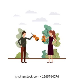 couple with musical instruments in landscape