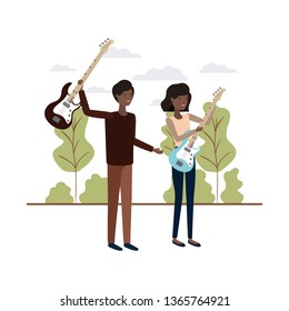 couple with musical instruments in landscape