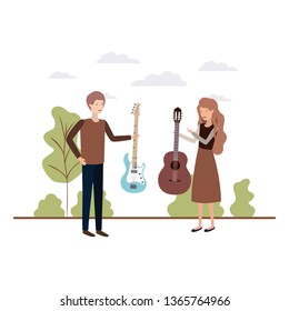 couple with musical instruments in landscape