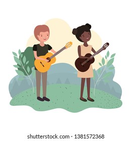 couple with musical instruments in landscape