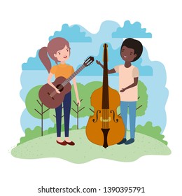 couple with musical instruments in landscape